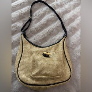 Neutral Woven Shoulder Bag with Black Trim and Toggle Detail